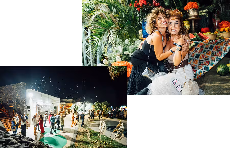 A waitress serving snacks && People meeting at Volvo party